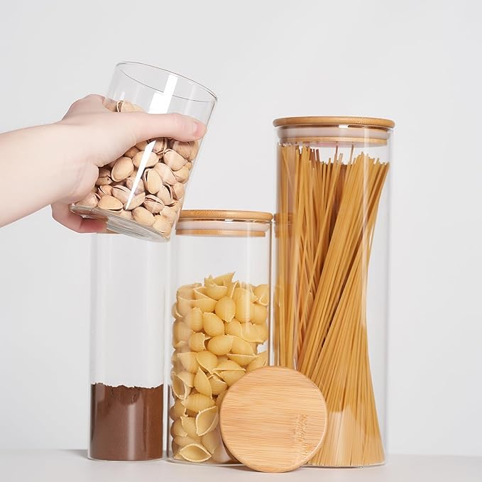 Glass Food Storage Jars, Glass Jars with Bamboo Lids, Kitchen Storage Jars, Canisters with Airtight Lids for Spice, Coffee, Cookie, Set of 7, Pantry Organizers-HomvellaHome