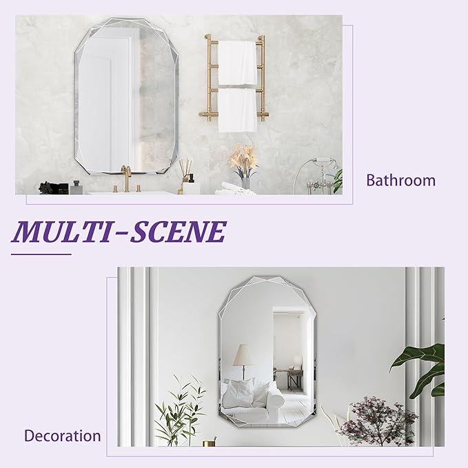 Bathroom Mirror for Wall, 26" x 38" Arched Mirror, Bathroom Vanity Mirror, Beveled Edge Frameless Wall Mount Vanity Mirrors, Wall Mirrors Decorative, Irregular Beveled Edge Mirror-HomvellaHome