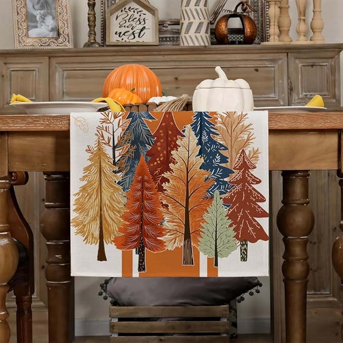 GEEORY Fall Watercolor Trees & Maple Leaves Striped Table Runner 13x108 Inch, Rustic Farmhouse Autumn Thanksgiving Decor for Kitchen, Dining, Indoor/Outdoor Holiday Dinner Party Orange GT157-108-HomvellaHome