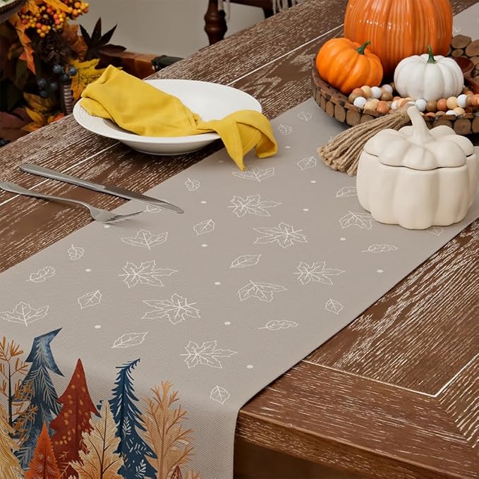 GEEORY Fall Watercolor Trees & Maple Leaves Table Runner 13x72 Inch, Rustic Farmhouse Autumn Thanksgiving Decor for Kitchen, Dining, Indoor/Outdoor Holiday Dinner Party Orange Grey GT159-72-HomvellaHome