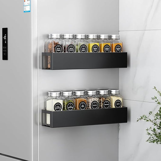 2 Pack Magnetic Spice Rack with 12 Spice Jars, Spice Labels, Magnetic Spice Organizer Shelf for Refrigerator, Microwave, Seasoning Organizer for Kitchen, Spice Jars with Label and Organizer Rack-HomvellaHome