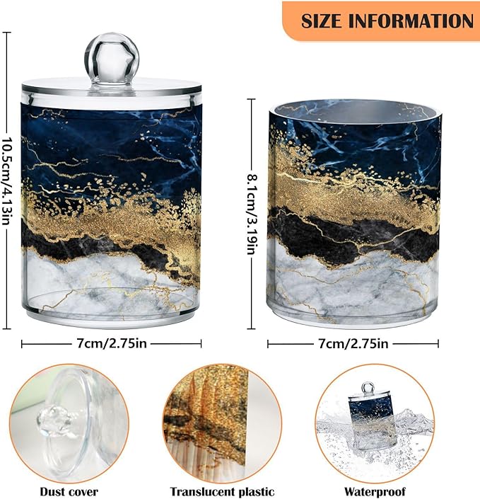 2 Pack Qtip Holder Dispenser Navy Blue Marble Bathroom Storage Canister Lid Acrylic Plastic Apothecary Jar Set Vanity Makeup Organizer for Cotton Swabs/Pads/Floss-HomvellaHome