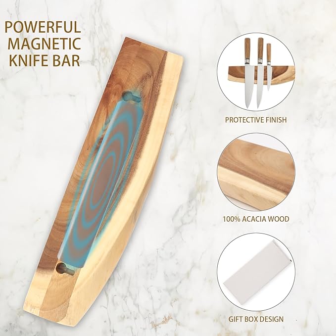 12.5 Inch Magnetic Knife Holder for Wall,Acacia Wood Knife Magnetic Strip,Knife Holder Wood Magnetic,No Drilling Knife Magnetic Strip-Strong Knife Magnet- for Kitchen Knives and Tools-HomvellaHome