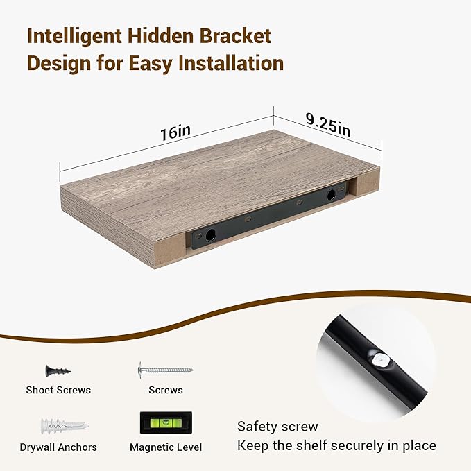 16 Inch Floating Shelves, 3D Textured Wood Grain, 16"x9.25"x1.5" Inch Deep Floating Shelves for Wall, Wooden Shelves for Bathroom, Bedroom, Living Room, Vintage Gray Oak-HomvellaHome