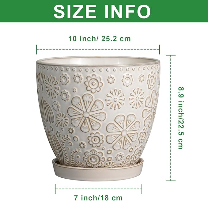 10 Inch Ceramic Planter Pot Large Plant Pot for Indoor Plants Outdoor Round Flower Pot with Drainage Hole and Saucer for Home Garden Decor White-HomvellaHome