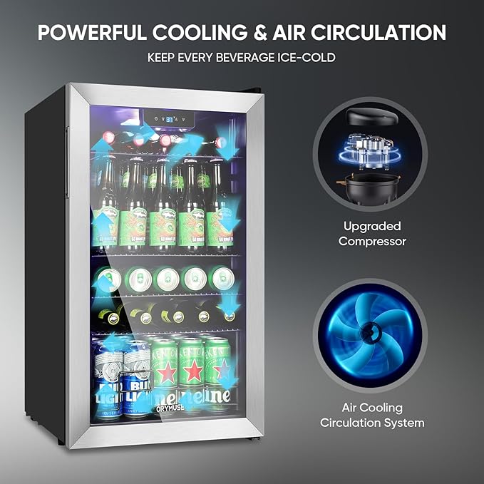 120 Can Beverage Refrigerator – Mini Fridge with Glass Door for Soda Beer or Wine, Beverage Cooler for Bedroom, Office, Bar with Adjustable Shelves & Digital Temperature Display, Silver-HomvellaHome