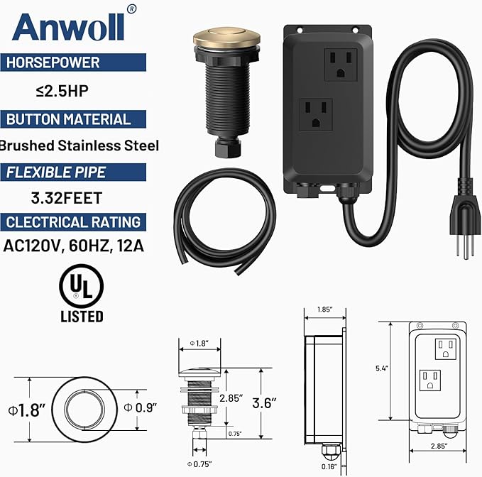 Garbage Disposal Air Switch Kit -Professional- Dual Outlet, Sink Top Waste Disposer On/Off, Garbage Disposal Button, UL Listed-HomvellaHome
