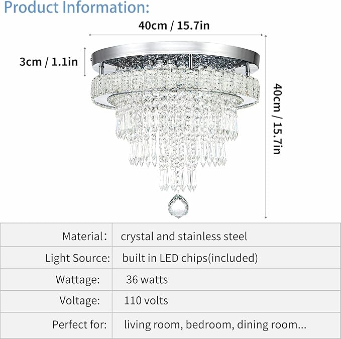 16“ Crystal Chandeliers Round Modern LED Chandelier Light Flush Mount Ceiling Light Fixtures with Remote Control for Bedroom Living Room Dining Room (dimmable)-HomvellaHome
