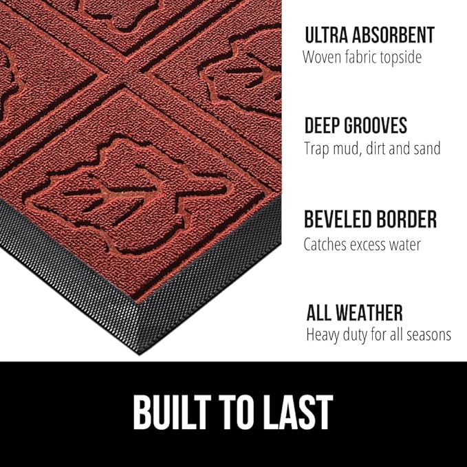 GORILLA GRIP 100% Waterproof All-Season WeatherMax Doormat 35x23, US Designed Natural Rubber, Stain and Fade Resistant, Low Profile Indoor Outdoor Door Mats, Easy Clean Patio Mat, Burgundy Leaves-HomvellaHome