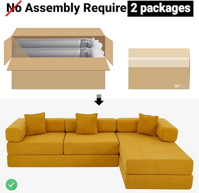 108" Oversized Convertible Sleeper Sofa Bed, Corduroy L Shape Sectional Couch, Folding Sofa Bed with Side Pocket, Modern Cloud Floor Mattress Couch, Modular Sofa for Living Room, Yellow-HomvellaHome
