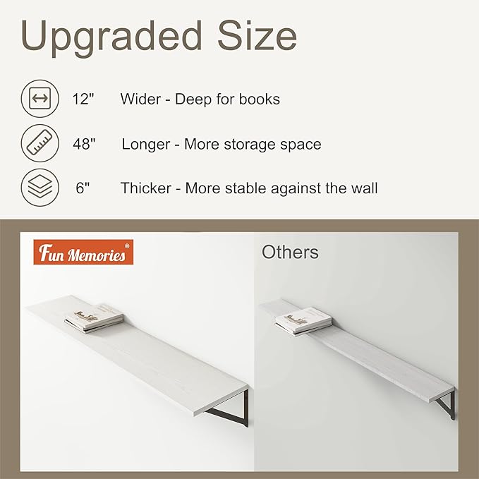 12 Inch Deep Floating Shelves, White Floating Shelves 48W x 12D, Deep Wall Shelves Bracket Set of 2, Large Display Hanging Floating Shelf for Bathroom, Living Room, Wide Storage Wooden Wall Shelf-HomvellaHome