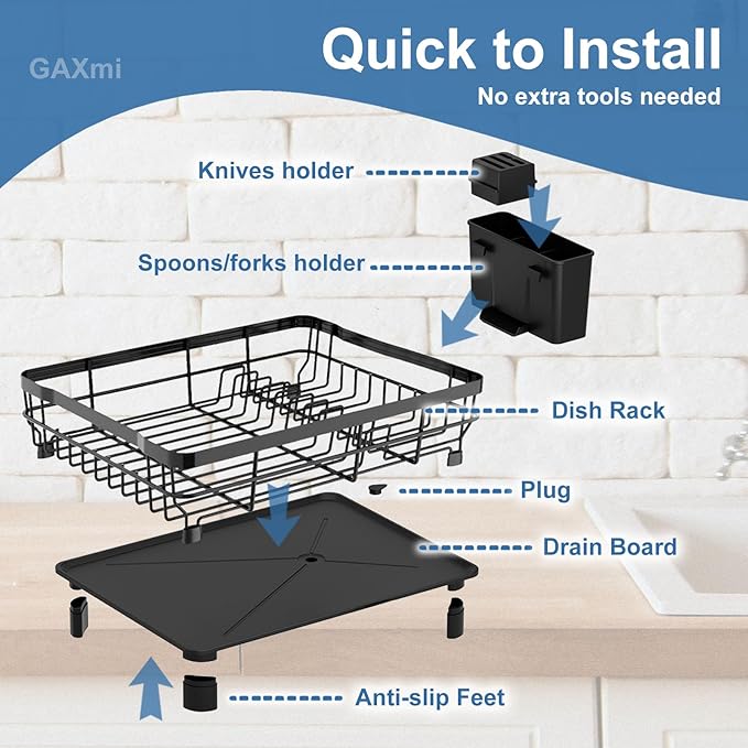 GAXmi Dish Drying Rack Over The Sink Drainer with Drainboard Utensil Holder, 1-Tier Black-HomvellaHome