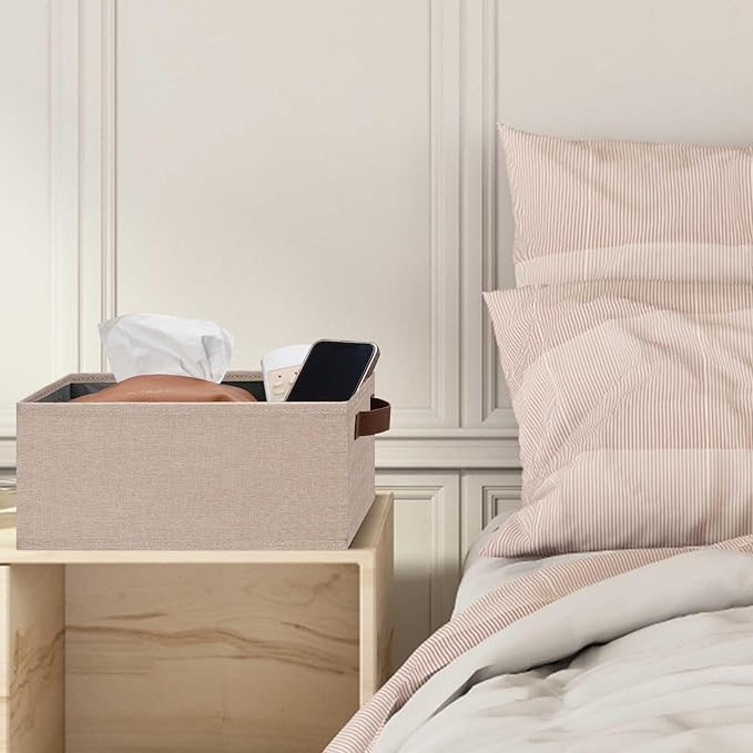 GhvyenntteS Small Fabric Storage Bins 12 Pack, 11.8" x 7.87" x 5.11" Storage Basket with Leather Handles, Closet Storage Bins for Shelves, Storage Baskets for Shelves, DVD Storage (Beige Yellow)-HomvellaHome