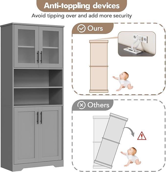 GarveeHome 67" Tall Storage Cabinet, Tall Bathroom Cabinet with Glass Doors and Adjustable Shelves, Freestanding Kitchen Pantry Cabinets, Cupboard for Living Room, Dining Room, Gray-HomvellaHome