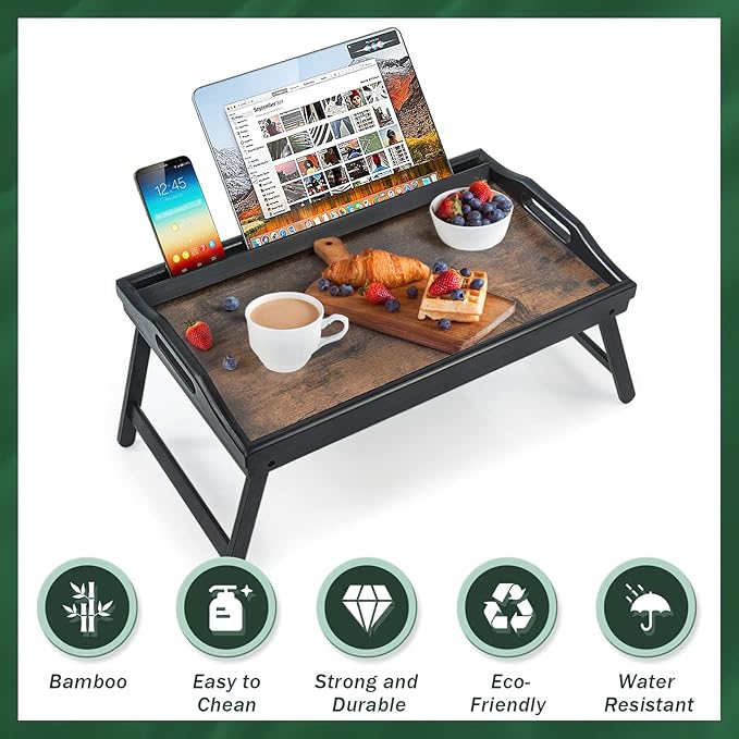 2 Pack Bed Tray Table Breakfast Trays Serving Tray Bamboo Bed Laptap Floding Legs with Handles and Phone Holders-HomvellaHome