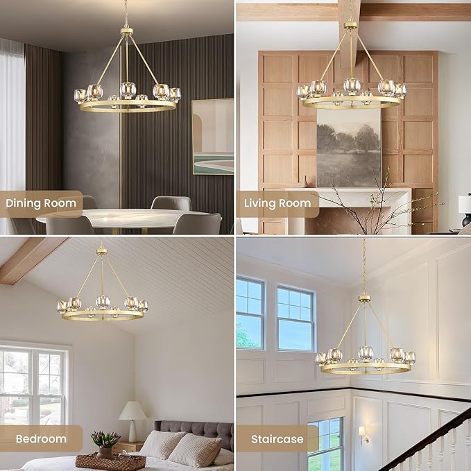Gold Wagon Wheel Chandelier, 36 Inch Brass Chandeliers with Unique Glass Shade, 9-Light Crystal Farmhouse Wagon Wheel Chandeliers for Dining Room, Round Chandelier for Living Room, Foyer, Entryway-HomvellaHome