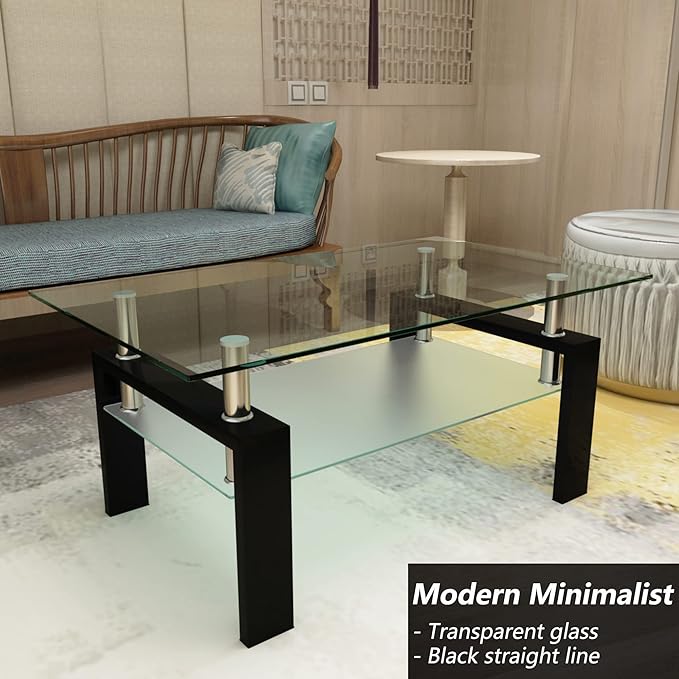 Glass Coffee Table for Living Room, 2 Layer Center Table with Clear Rectangle Tempered Glass Top Black Metal Leg, Mordern Home Office Furniture-HomvellaHome