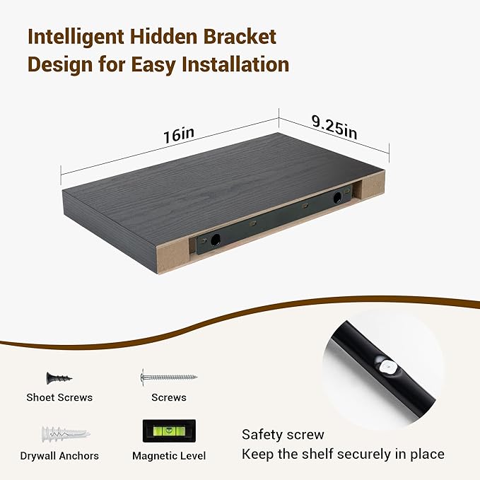 16 Inch Floating Shelves, 16"x9.25"x1.5" Inch Deep Floating Shelves for Wall, Wooden Shelves for Bathroom, Bedroom, Living Room, Black-HomvellaHome