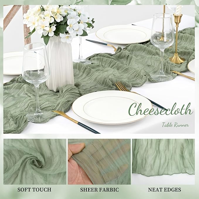 12 Pack Sage Green Cheesecloth Table Runner 10FT Rustic Gauze Fabric Cheese Cloth Table Runner for Wedding Bridal Baby Shower Table Decor 20 x 120 Inch Long Boho Sheer Birthday Party Table Decorations-HomvellaHome