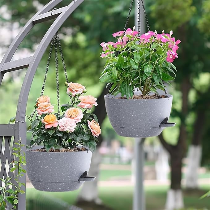 12 Inch Hanging Baskets 2 PC with Chains, Self-Watering Hanging Planters for Indoor Outdoor Plants, Plastic Hanging Flower Pots,Speckled Grey-HomvellaHome