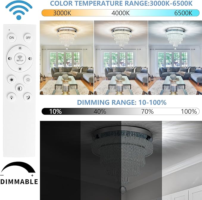 16“ Crystal Chandeliers Round Modern LED Chandelier Light Flush Mount Ceiling Light Fixtures with Remote Control for Bedroom Living Room Dining Room (dimmable)-HomvellaHome