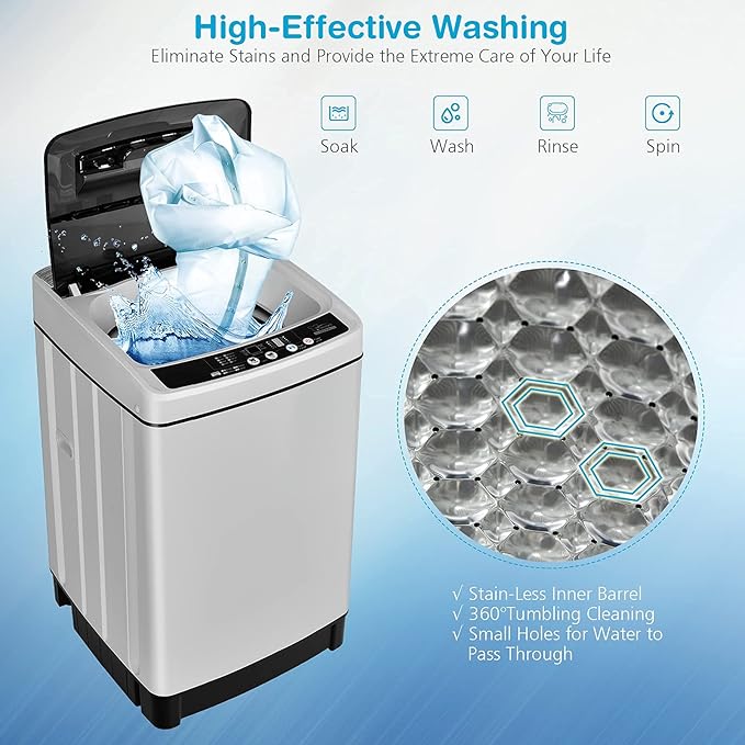 Giantex Full Automatic Washing Machine, 2 in 1 Portable Laundry Washer 1.5Cu.Ft 11lbs Capacity Washer and Spinner Combo 8 Programs 10 Water Levels Energy Saving Top Load Washer for Apartment Dorm-HomvellaHome