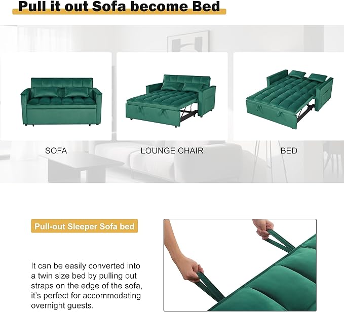 3 in 1 Sleeper Sofa Bed, Futon Sofa Bed for Living Room with Side Pocket, Green Sleepers Sofas Couch with Pullout Beds, Convertible Love Seat Sleepers Couch for Living Room, Bedroom-HomvellaHome