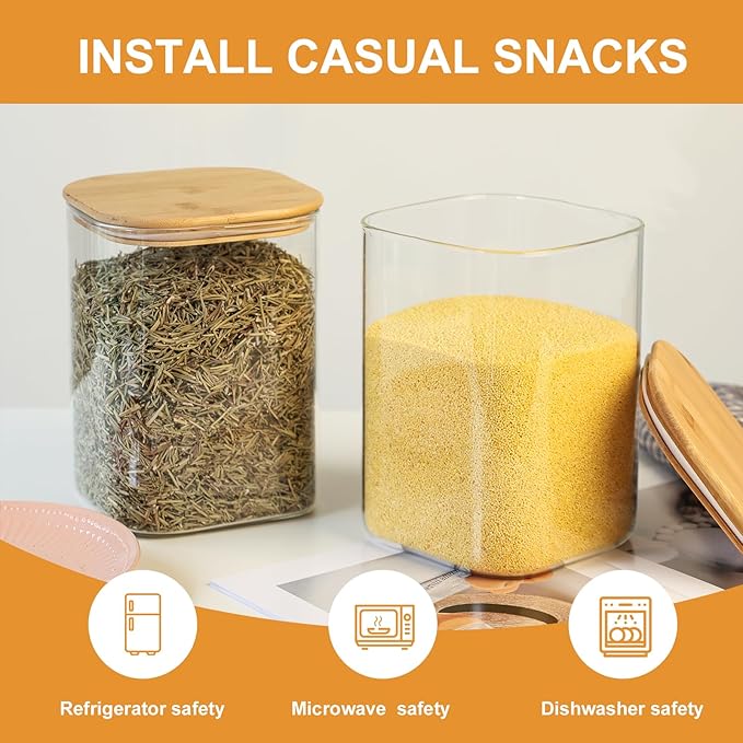 Glass Food Storage Jars 150 Set of 2,Glass Storage Containers Clear Glass Food Canister with Bamboo Lid Airtight For Serving Tea, Coffee, Flour, Sugar, Candy, Cookie, Spice and More (Square)-HomvellaHome