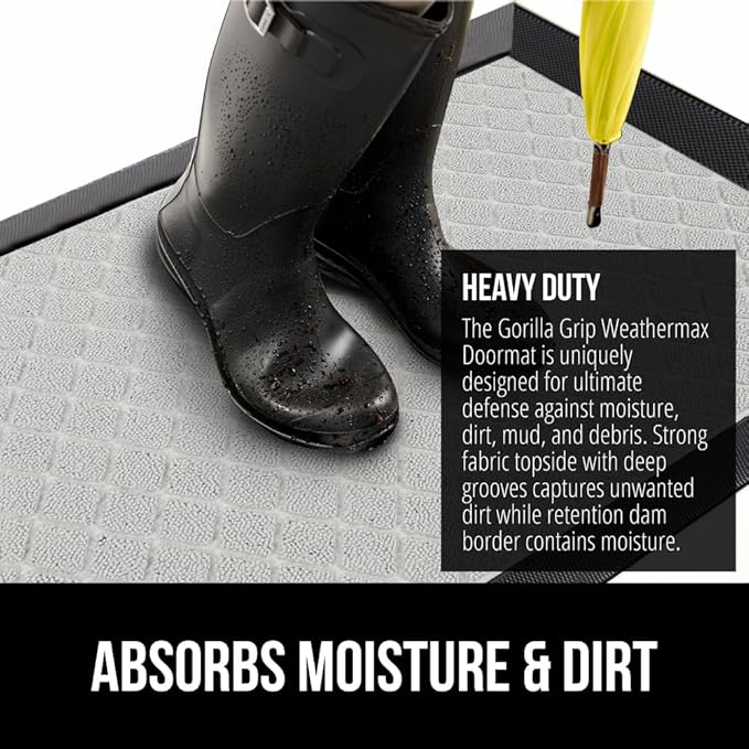 GORILLA GRIP 100% Waterproof All-Season WeatherMax Doormat US Designed Natural Rubber, Stain and Fade Resistant, Low Profile Indoor Outdoor Door Mats, Easy Clean Patio Mat, 23x35, Light Gray-HomvellaHome