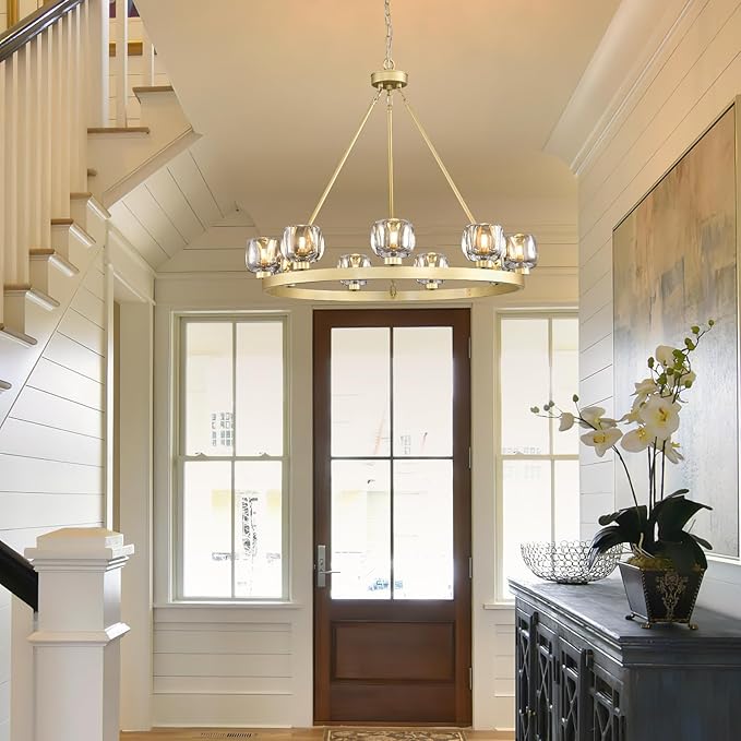 Gold Wagon Wheel Chandelier, 36 Inch Brass Chandeliers with Unique Glass Shade, 9-Light Crystal Farmhouse Wagon Wheel Chandeliers for Dining Room, Round Chandelier for Living Room, Foyer, Entryway-HomvellaHome