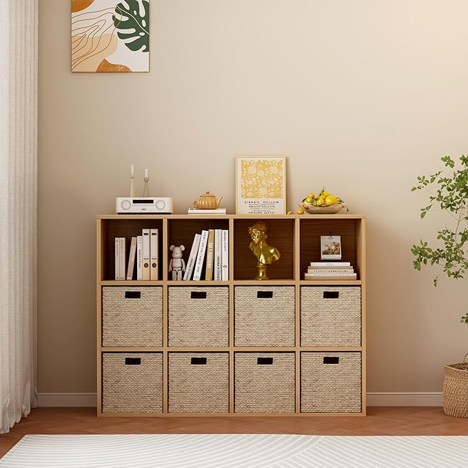 12-Cube Storage Shelf Bookcase - Wooden 3-Tier Floor Standing Open Bookshelf for Home and Office, Display Cabinet, Oak-HomvellaHome