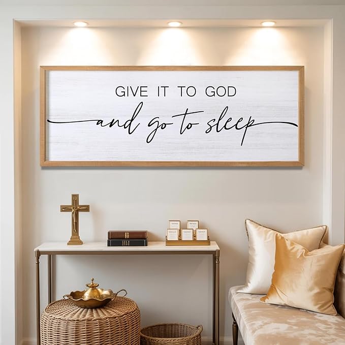 Give It to God and Go to Sleep Decorative Rustic Sign & Plaque Framed Wall Art for Couples, 40''×15'' Vintage Cottagecore Wooden Horizontal Wall Decor Above Bed, Farmhouse Wedding Gift for Bedroom-HomvellaHome