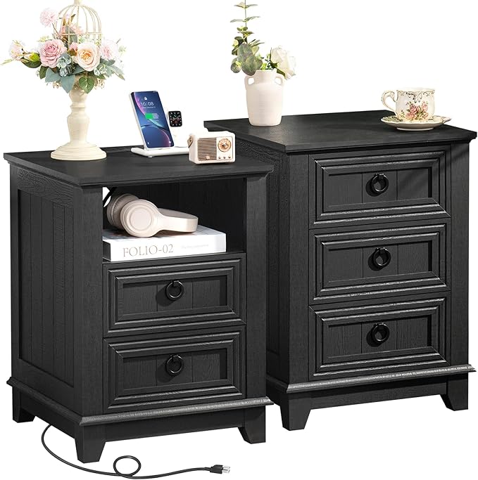 18" Night Stands Set of 2 with Charging Station, Farmhouse 2 & 3 Drawers End Table Dresser for Bedroom, Black Wooden Nightstand, Bed Side Table with Open Shelf, Bedside Cabinet for Living Room-HomvellaHome
