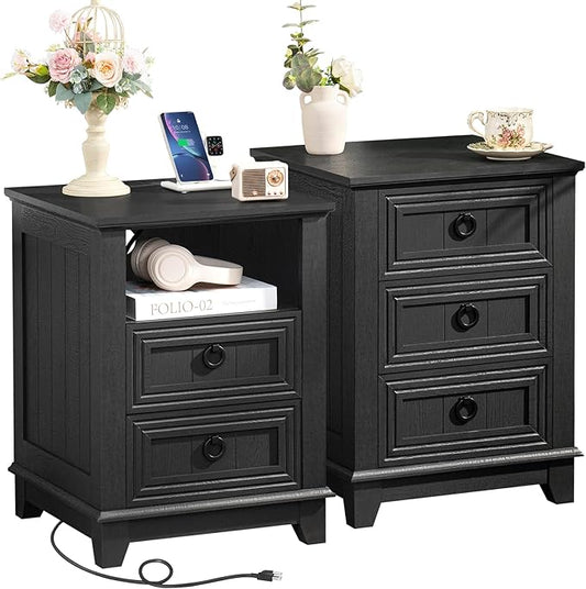 18" Night Stands Set of 2 with Charging Station, Farmhouse 2 & 3 Drawers End Table Dresser for Bedroom, Black Wooden Nightstand, Bed Side Table with Open Shelf, Bedside Cabinet for Living Room-HomvellaHome