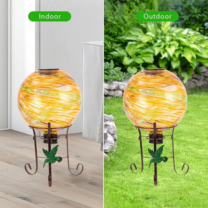 10" Diameter Solar Gazing Ball and 8.5" Metal Stand Indoor Outdoor Garden Ornament Glass Globe Sphere Yard Art Gazing Globe for Garden,Home,Lawn,Porch,Patio Birthday Gift for Women(Orange)-HomvellaHome