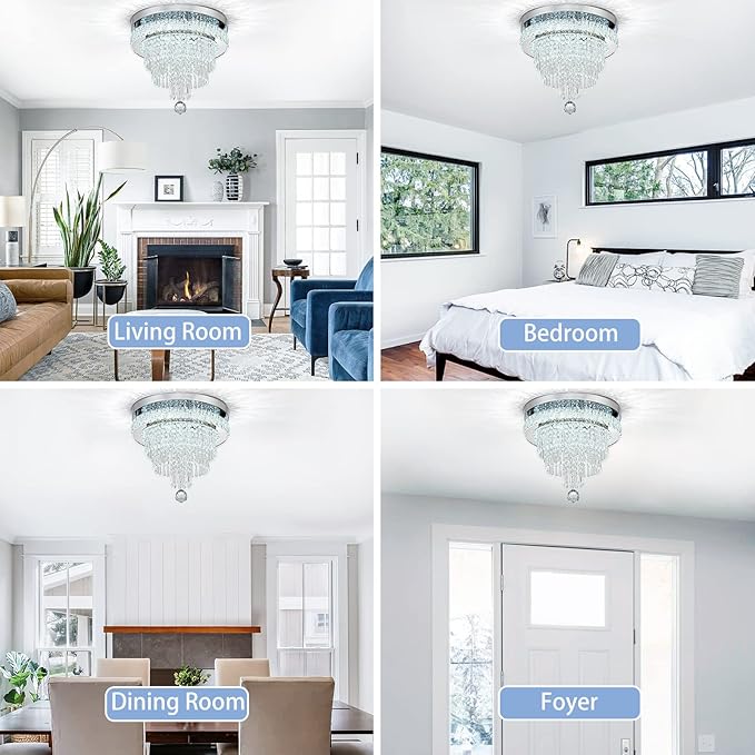 16“ Crystal Chandeliers Light Flush Mount Ceiling Light Fixtures Round Modern LED Chandelier for Living Room Bedroom Dining Room Closet Hallway (Cool White)-HomvellaHome