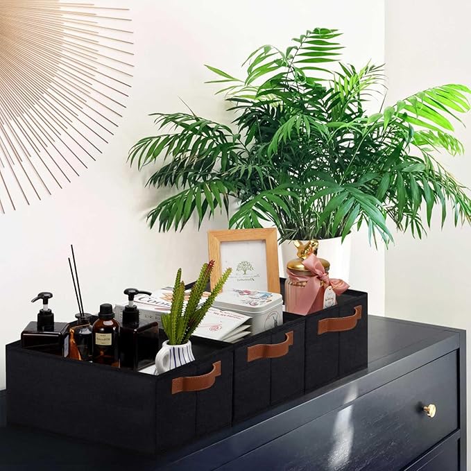 GhvyenntteS Small Fabric Storage Bins 6 Pack, 11.8" x 7.87" x 5.11" Storage Basket with Leather Handles, Closet Storage Bins for Shelves, Storage Baskets for Shelves, DVD Storage (Black)-HomvellaHome