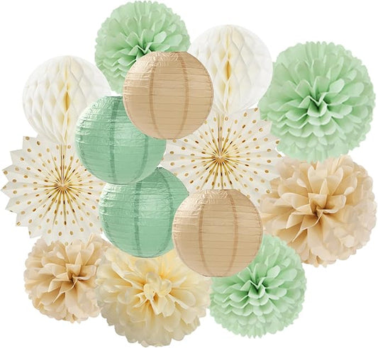 Sage-Green Beige-Champagne Party-Decorations Streamers Lanterns - 14pcs Neutral Baby Shower Paper Fan,Tissue Pom Poms,Honeycomb Balls,Boho Birthday Wedding Bachelorette Engagement Bridal Decor Ouruola