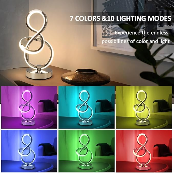 Modern Spiral Table Lamp, 7 Colors 10 Light Modes LED Nightstand Small Lamp with USB C+A Ports, Touch Dimmable Lamps for Living Room Bedroom Bedside, Unique & Cool Lamps,Silver-HomvellaHome