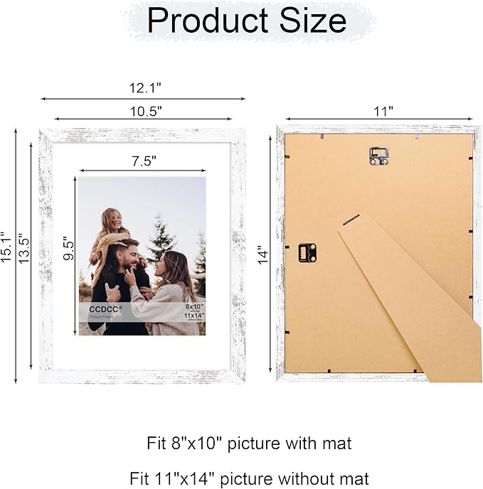 11x14 Picture Frame Set of 4, 11 x 14 Wood Photo Frames with Mat for 8x10, Rustic Natural Wooden Frame with Real Glass Cover for Wall and Tabletop Display,Distressed White-HomvellaHome