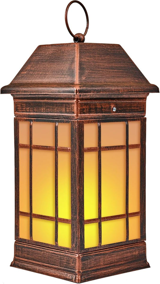 14" Solar Lantern Outdoor Waterproof, Glass Flickering Flame Solar Lanterns, Hanging Metal Lantern Decorative for Patio Front Porch Garden Backyard Tabletop Party Decoration-HomvellaHome