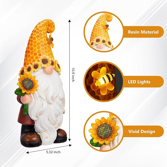 Garden Gnomes Outdoor - Sunflower Gnome Statue with Solar LED Lights for Yard, Patio, Lawn Ornaments - Best Garden Gifts for Mothers Day, Housewarming, Festival-HomvellaHome