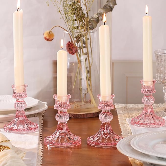 12PCS Pink Candlestick Holders Set- 4" H Taper Candle Holders, Glass Candle Holders Bulk for Wedding, Party, Home Table Centerpieces, Festival Gifts & Windowsill Decor-HomvellaHome