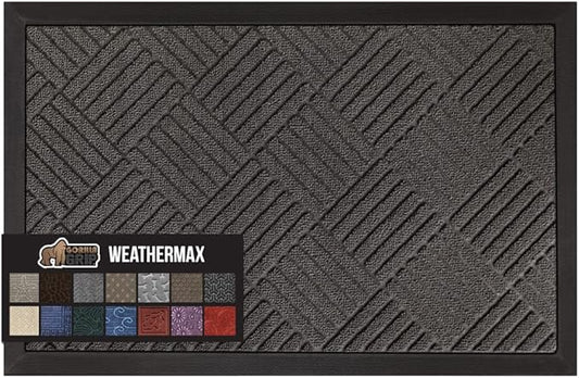GORILLA GRIP 100% Waterproof All-Season WeatherMax Doormat, 60x24, US Designed Natural Rubber, Stain and Fade Resistant, Low Profile Indoor Outdoor Door Mats, Easy Clean Patio Mat, Gray Diamond-HomvellaHome