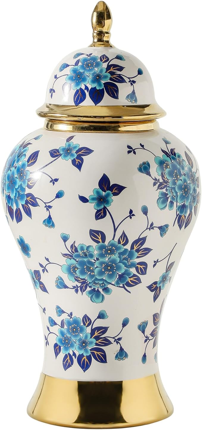 Ginger Jars for Home Decor, White and Gold Vase, Porcelain Ginger Jar Chinoiserie Blue and White Vase with Gold Trim and Floral Pattern, Ceramic Flower Vase for Home, Temple and Storage Jars(12in)-HomvellaHome