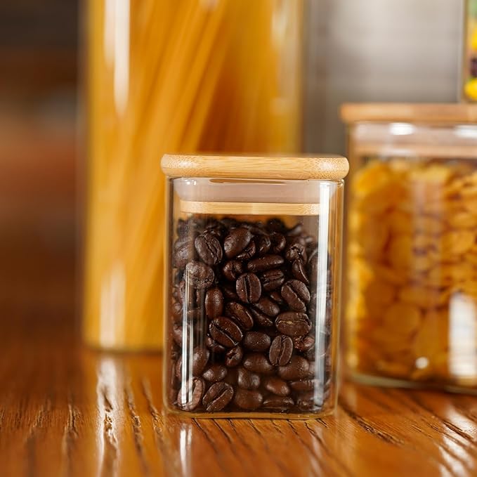 Glass Food Storage Jars Square 8oz, 12 Pack Glass Jars With Bamboo Lids, Kitchen Storage Containers For Spice, Candy, Cookie, Storage For Pantry Organizers-HomvellaHome