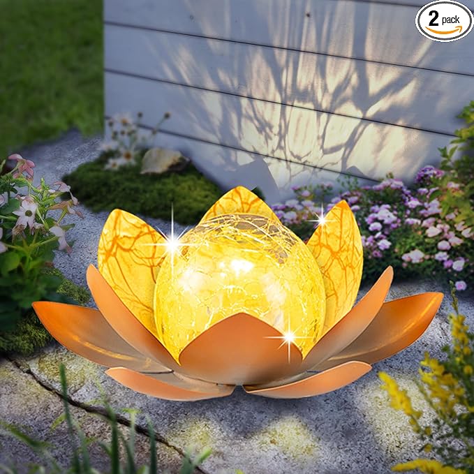 Garden Solar Light Outdoor(2Pack),Crackle Globe Glass Lotus Decoration, Waterproof Metal LED Flower Lights for Patio,Lawn,Walkway,Tabletop,Ground-HomvellaHome