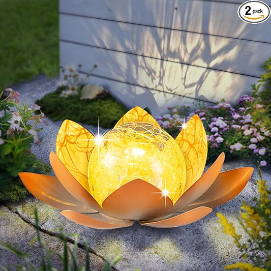 Garden Solar Light Outdoor(2Pack),Crackle Globe Glass Lotus Decoration, Waterproof Metal LED Flower Lights for Patio,Lawn,Walkway,Tabletop,Ground-HomvellaHome