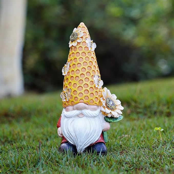 Garden Gnome Statue Solar Powered with Glowing Bees Sunflower Outdoor Funny Resin Figurine Decorations for Patio Yard Lawn Porch Housewarming Ornament Gift-HomvellaHome