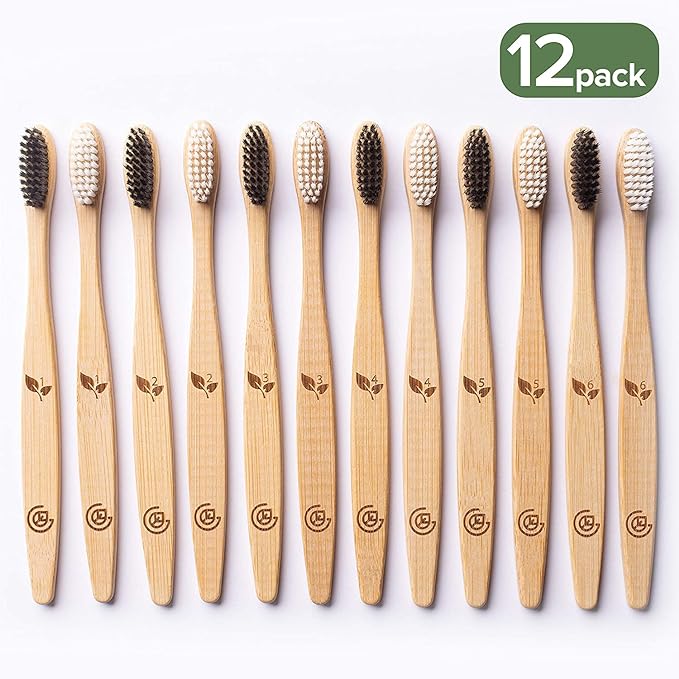 Greenzla Bamboo Toothbrushes for Adults – 12 Pack Wooden Toothbrush Set with Charcoal-Infused Soft Bristles, Natural Oral Care for Daily Use-HomvellaHome